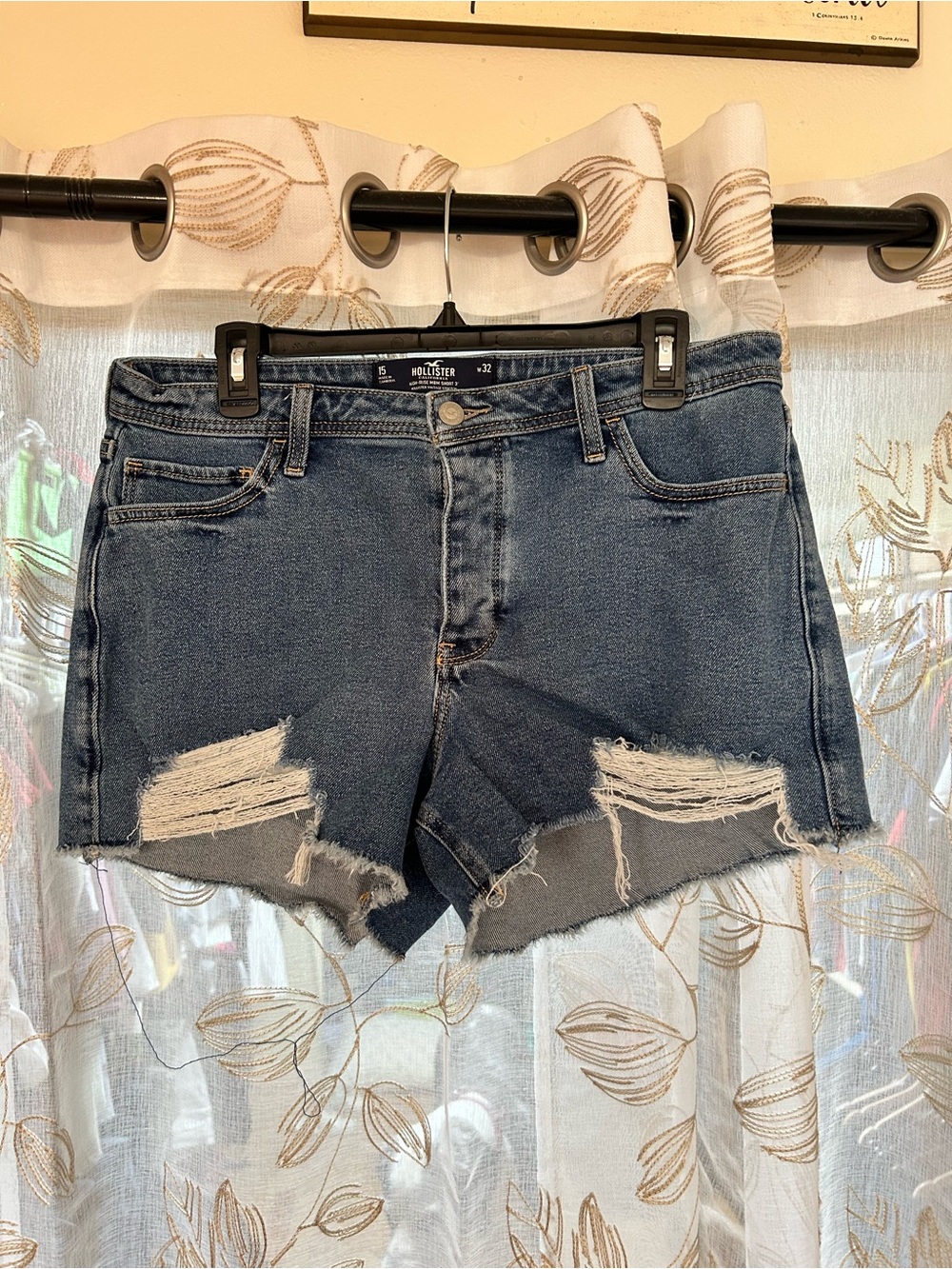 Hollister Women's Ripped Dark Blue Denim Cutoff Shorts